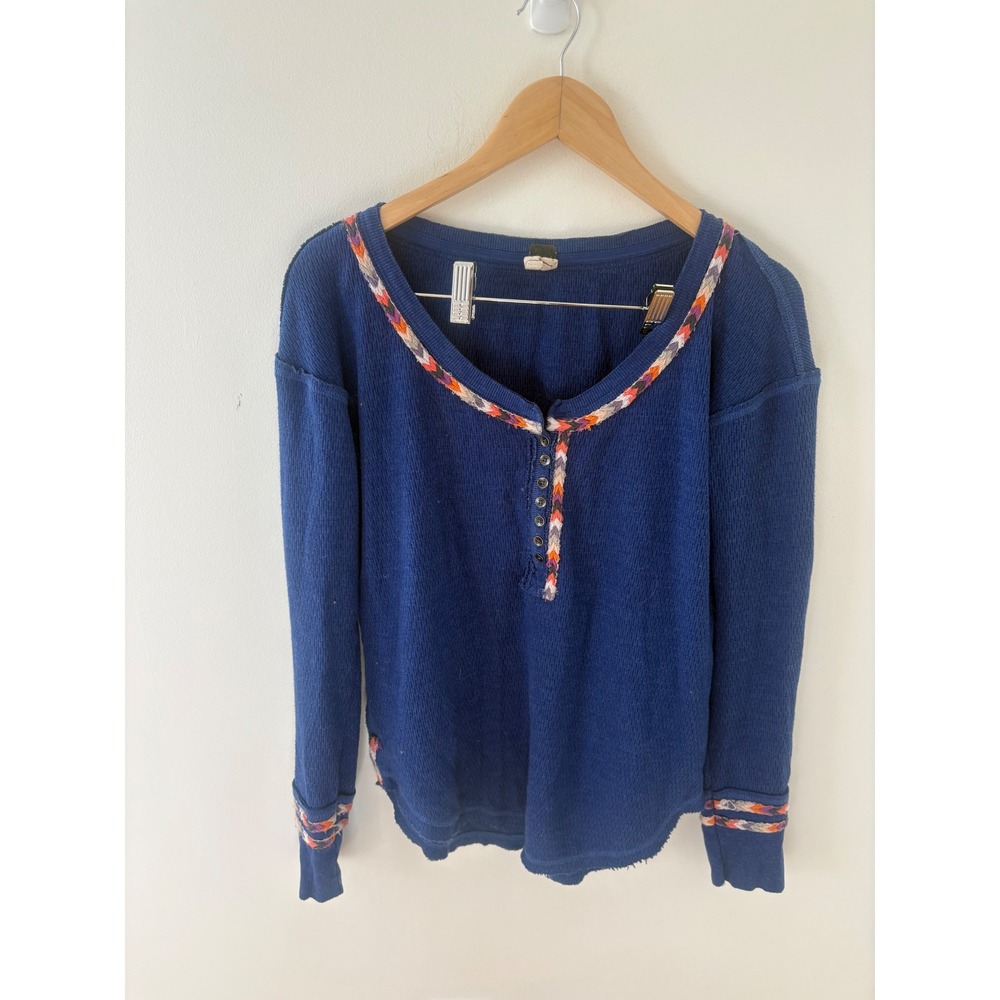 We The Free Free People Blue Waffle Knit Embroidered Henley Thermal Top Small